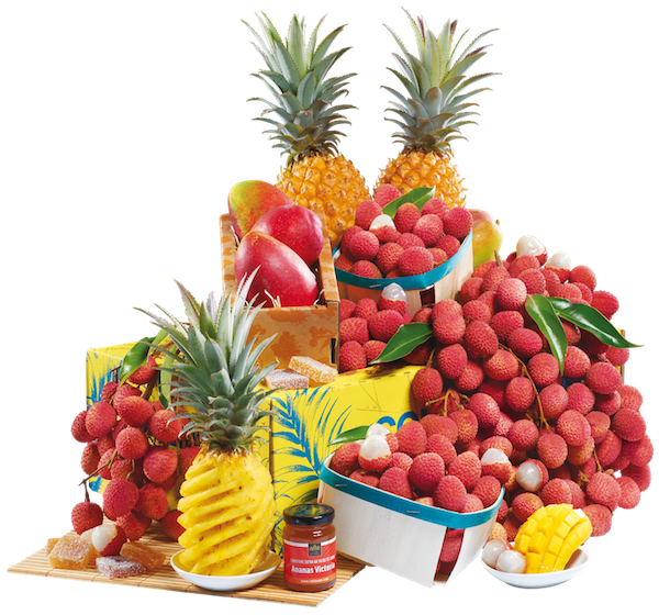 Colis composé des meilleurs fruits de La Réunoin (letchis, mangues, ananas victoria